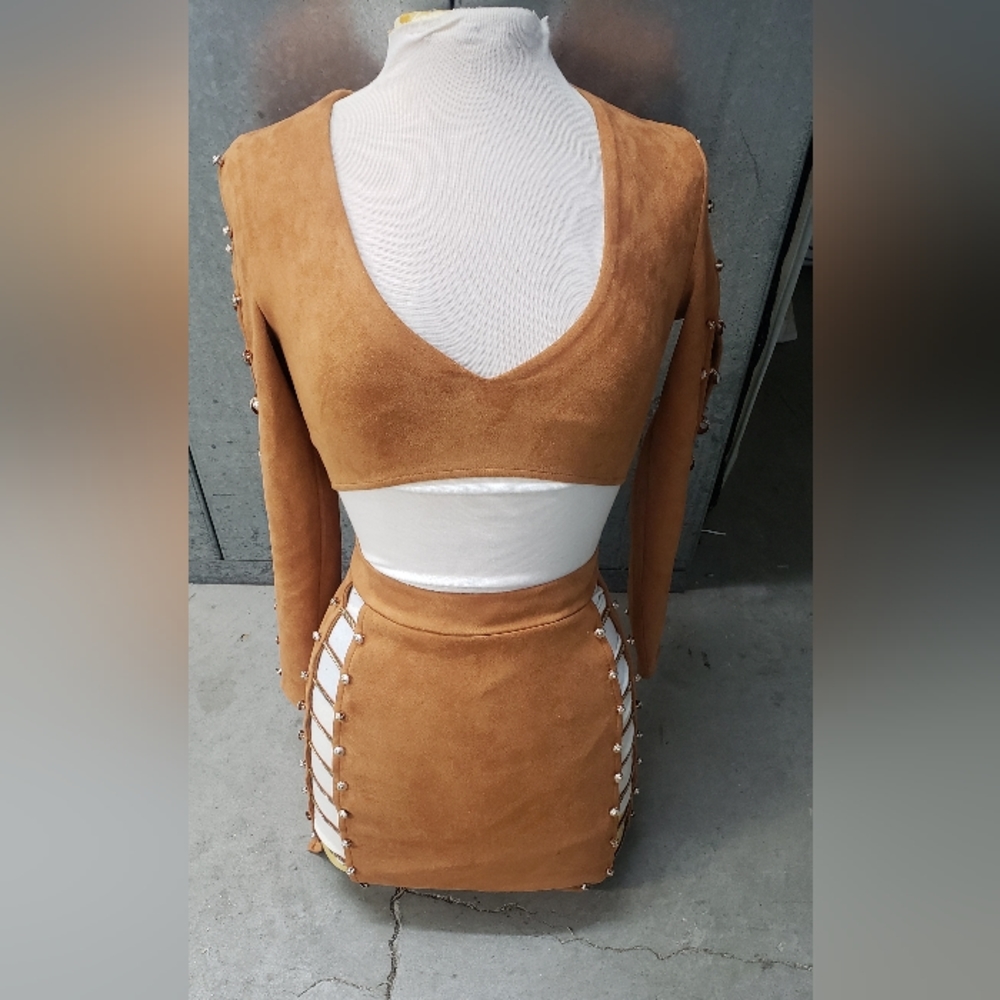 Oh Polly brown suede 2 piece skirt and crop top outfit
